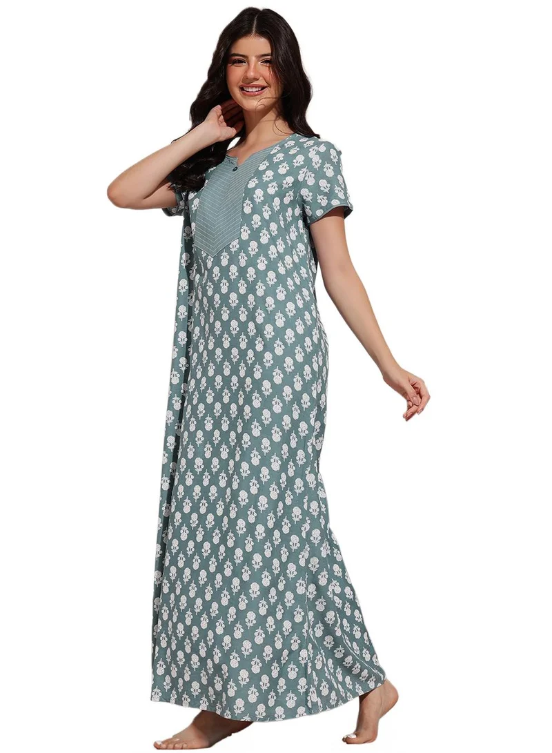 كلوفيا Floral Print Long Nighty in Light Grey - Rayon